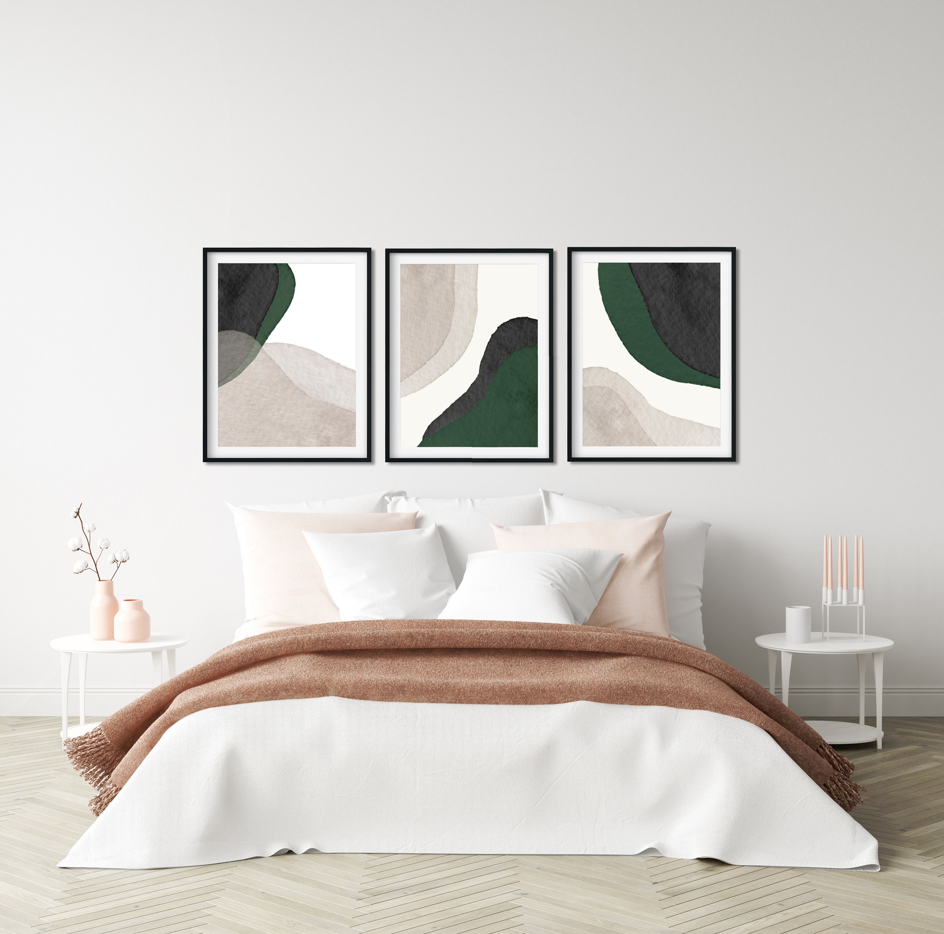 Dark Green Wall Art, 3 Piece Art Prints, Forest Green Minimalist Art