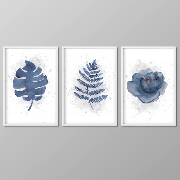 Set of 3 Indigo Blue Flower Printable Wall Art | Watercolor Flower Print | Indigo Floral Wall art |  Digital Download Artwork White and Blue