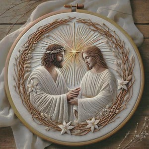 May include: Embroidered artwork in a wooden hoop depicts two figures in white robes, holding hands. The figures are surrounded by a wreath of brown branches and white flowers. A golden light radiates from behind them, creating a spiritual theme.