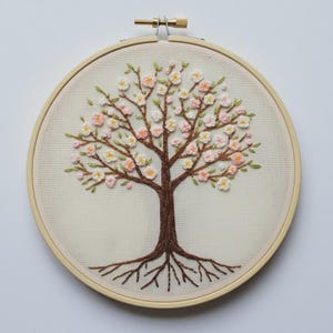 Può includere: Opera d'arte ad albero ricamata in un cerchio di legno. L'albero presenta un tronco e rami marroni, con fiori rosa e bianchi e foglie verdi. Le radici sono visibili alla base. Lo sfondo è un tessuto beige chiaro.