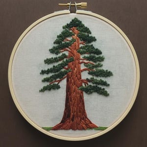 May include: Hand-stitched embroidery art of a tall redwood tree. The tree trunk is a rich brown, with green foliage and branches. The embroidery is set in a round wooden hoop, creating a framed piece of textile art.