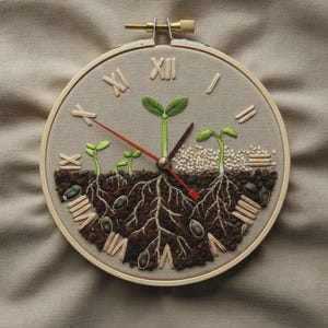 May include: Embroidered clock with a nature theme. The clock face features a design of sprouting plants, seeds, and roots, with Roman numeral hour markers. The clock hands are red, and the embroidery is set in a wooden hoop.