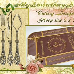 Cutlery Fork Knife Spoon Machine Embroidery Designs Vintage style, hoop 5x7 Cutlery Silhouette, Kitchen embroidery, Digital Download