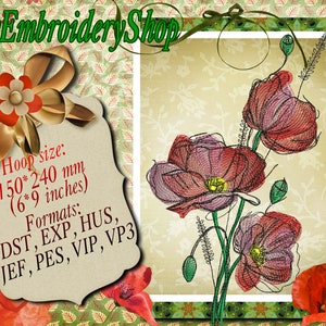 Op de afbeelding: Borduurpatroon van rode klaprozen met groene stelen en bladeren. Het ontwerp is voor een 6x9 inch hoepel en is beschikbaar in de volgende formaten: DST, EXP, HUS, JEF, PES, VIP, VP3.