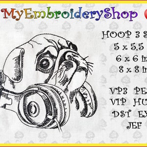 Könnte beinhalten: Schwarzweißes Linienkunst-Stickmuster eines Mops mit Kopfhörern. Das Design ist in verschiedenen Größen für Stickrahmen erhältlich: 5 x 5,5 Zoll, 6 x 6 Zoll und 8 x 8 Zoll. Das Design ist in den folgenden Stickdateiformaten erhältlich: VP3, PES, VIP, HUS, DST, EXP und JEF.