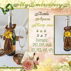Embroidery Machine Design Bottle Aprons, ITH Project digital download hoop 5x7 Wine Apron Embroidery Design, ITH Wine Apron applique design