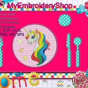 Stickdatei, ITH, Platzset Montessori, Thema Einhorn, In The Hoop Projekt 20x30, Sofort Download, Stickdatei Muster