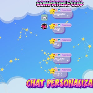 Puede incluir: Un cielo azul con nubes blancas y estrellas amarillas. El texto "COMPATIBLE CON" está en la parte superior de la imagen. Hay cinco burbujas de chat con el texto "Bienvenidos!" "OMG!" "POV" "LOL OMG!" y "HELLO!" en ellas. El texto "CHAT PERSONALIZADO" está en la parte inferior de la imagen.