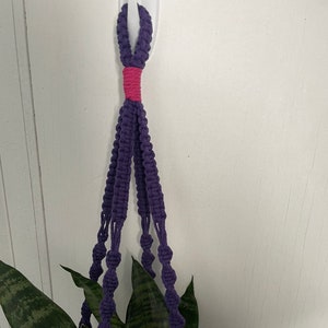 May include: A handmade macrame plant hanger in shades of purple and pink. The plant hanger is designed to hold a potted plant, with a knotted design and a loop for hanging. The plant has long green leaves.