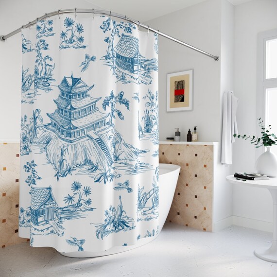 Shower Curtains & Rings Home Decor Colonial Design Floral Chinoiserie Spa Blue and White Deer
