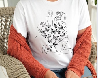 Butterfly One Line Art T-shirt: Feminine Silhouette Tee