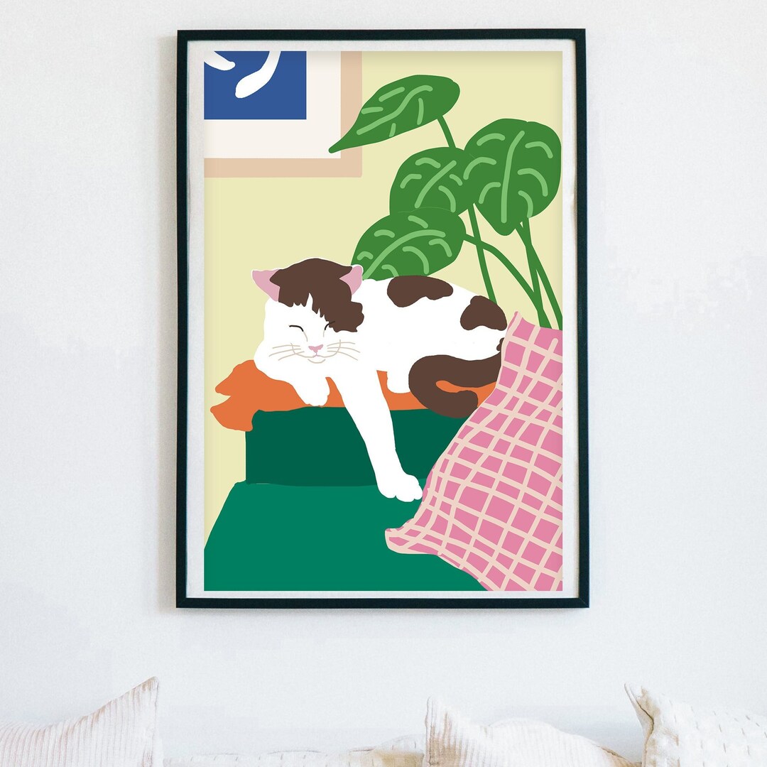 Fine Art Cat Print, Digital Download, Plant, Colourful, Printable, Cat ...
