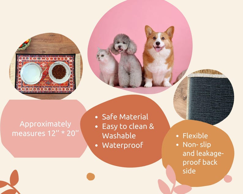May include: A colourful patterned pet feeding mat with two bowls, one with dry food and one with water. The mat is approximately 12 inches by 20 inches. The mat is made from a safe, waterproof material and is easy to clean.