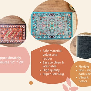 May include: Two colorful patterned rugs with fringe. The rugs are approximately 12 inches by 20 inches. The rugs are made of velvet and rubber and have a non-slip back.