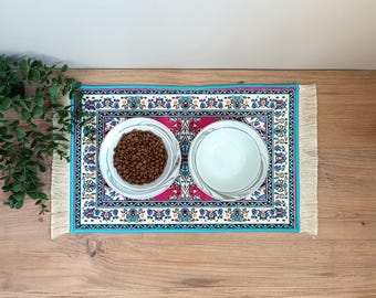 Cat / Dog Food Mat With Fringe, Nonslip, Machine Washable, Turkish Rug Cat / Dog Bowl Mat, Carpet Pet Feeding Mat, Puppy Cat Gift
