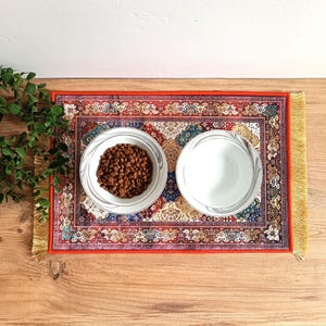 May include: Two white ceramic bowls with a decorative trim on a red and gold patterned rug. One bowl contains brown pet food.