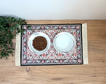 Pet Bowl Mat With Fringe, Nonslip, Machine Washable, Turkish Rug Cat / Dog Bowl Mat, Carpet Pet Feeding Mat, Puppy Gift