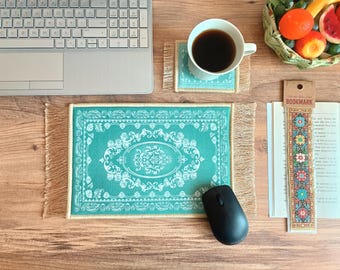 Turkish Rug Mouse Pad and Coaster Set: Desk Decor with Bookmark