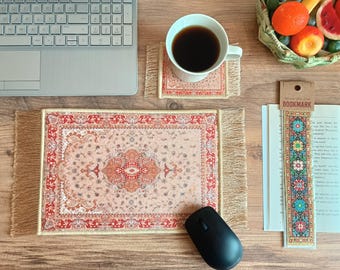 Miniature Turkish Rug Mouse Pad: Velvet Desk Mat with Fringe