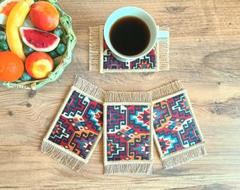 Turkish Kilim Coasters, Mini Rug Coasters, Housewarming Gift, Home Decor