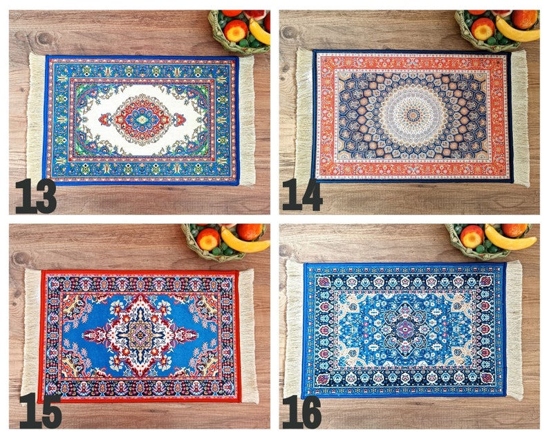 May include: Four colorful patterned rugs with fringe edges. The rugs are displayed on a wooden surface. The rugs are all different designs and colors, including blue, red, orange, and white.