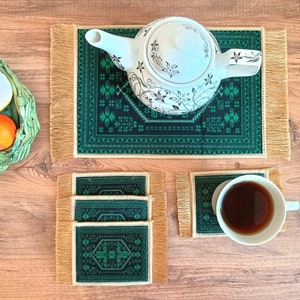 Cute Green Coasters, Handmade Coasters and Trivet Set, Pot Holder, Turkish Gift, Gift Set for Her, Kitchen Decor