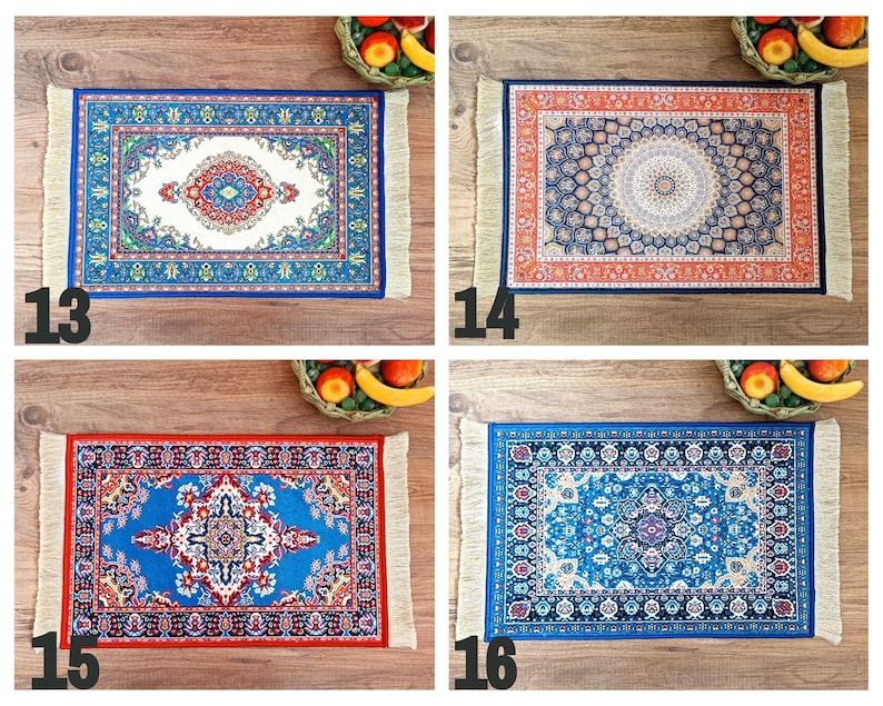 May include: Four colourful patterned rugs with fringe edges. The rugs are in a variety of colours, including red, blue, and orange. The rugs are all the same size and shape.