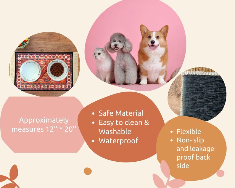 Pode incluir: Uma esteira de alimenta&ccedil;&atilde;o para animais de estima&ccedil;&atilde;o com um padr&atilde;o decorativo, com aproximadamente 30 cm x 51 cm, ao lado de um gato, um poodle e um corgi. A esteira tem uma parte traseira antiderrapante e &agrave; prova d'&aacute;gua.