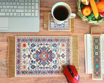 Mousepad, Boho Desk Mat, Fabric Mouse Pad, Desk Set, Office Set, Coaster Set, Bohemian Decor, Teacher Gift