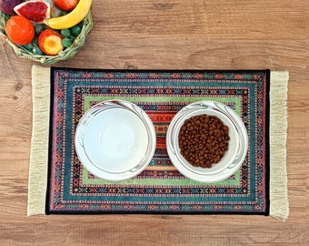 Cat Bowl Mat, Nonslip, Waterproof, Turkish Rug Cat / Dog Placemat, Carpet Pet Feeding Mat, Cat Gift