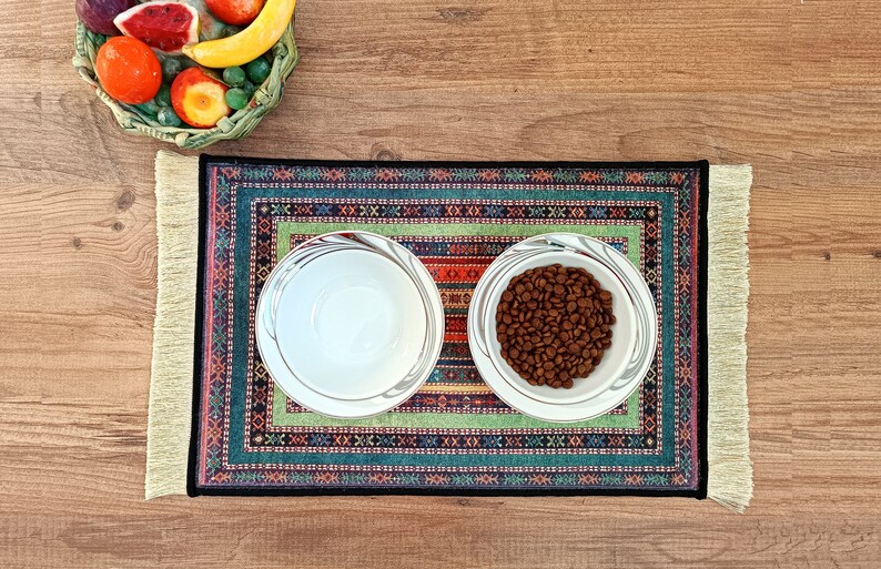 May include: Two white ceramic bowls on a colorful patterned rug. One bowl is empty, and the other is filled with brown dog food.