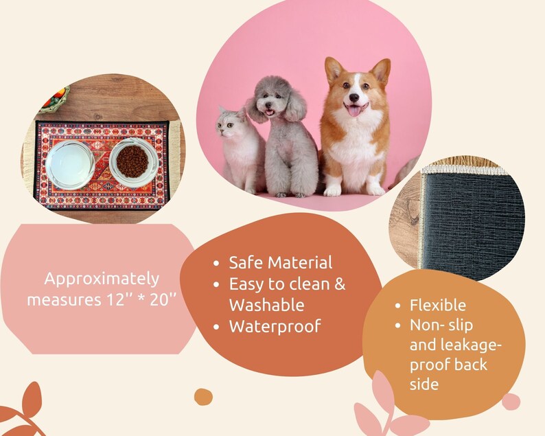 May include: A black and white patterned pet feeding mat with two bowls on top. The mat measures 12 inches by 20 inches. The mat is made of a safe, waterproof material and is easy to clean. The mat has a non-slip and leakage-proof back side.