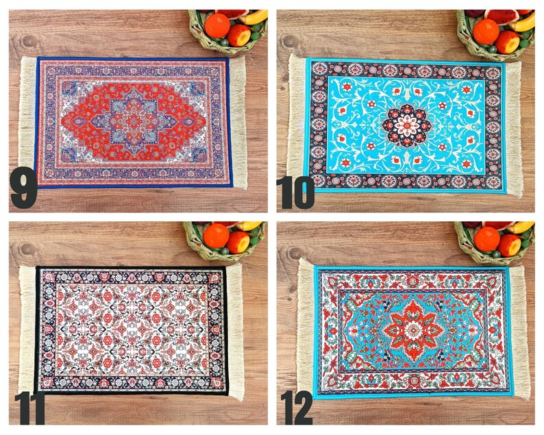 May include: Four different patterned rugs with fringe edges. The rugs are red and blue, blue and white, white and red, and blue and orange. The rugs are all approximately 10 inches by 14 inches.
