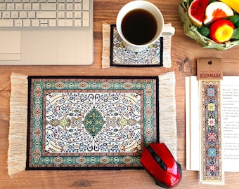 Beautiful Turkish Green Carpet Mousepad, Persian Rug Mouse Pad, Office Decor, Computer Accessory, Gift Set