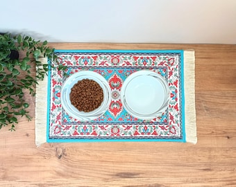 Cat Bowl Mat With Fringe, Nonslip, Machine Washable, Turkish Rug Cat / Dog Food Mat, Carpet Pet Feeding Mat, Puppy Gift