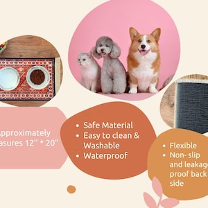 Peut inclure: Un tapis d'alimentation pour animaux de compagnie &agrave; motifs color&eacute;s avec deux bols, l'un contenant de la nourriture s&egrave;che et l'autre de l'eau. Le tapis mesure environ 30,5 cm sur 50,8 cm. Le tapis est fabriqu&eacute; dans un mat&eacute;riau s&ucirc;r et imperm&eacute;able et est facile &agrave; nettoyer.