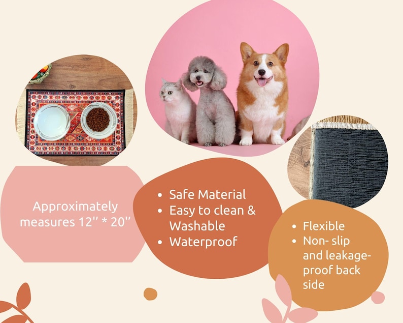 Peut inclure: Un tapis d'alimentation pour animaux de compagnie &agrave; motifs color&eacute;s avec deux bols, l'un contenant de la nourriture s&egrave;che et l'autre de l'eau. Le tapis mesure environ 30,5 cm sur 50,8 cm. Le tapis est fabriqu&eacute; dans un mat&eacute;riau s&ucirc;r et imperm&eacute;able et est facile &agrave; nettoyer.