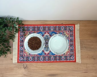 Dog Food Mat With Fringe, Nonslip, Machine Washable, Turkish Rug Cat / Dog Bowl Mat, Carpet Pet Feeding Mat, Puppy Cat Gift