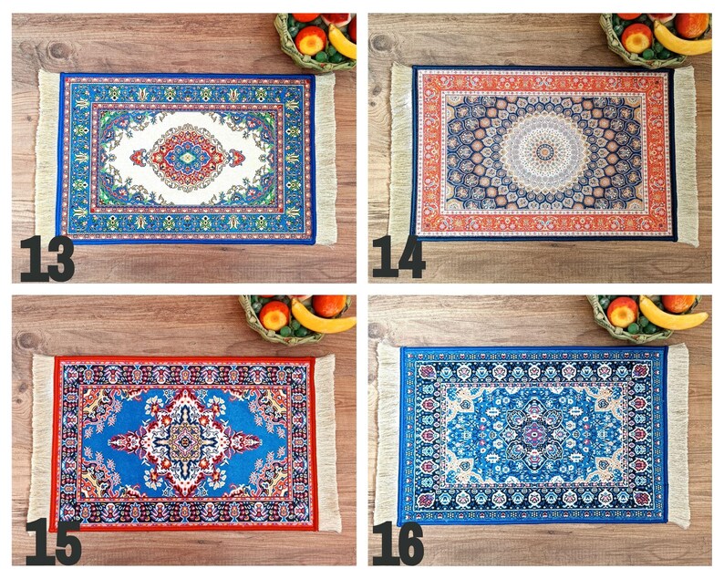 May include: Four colourful patterned rugs with fringed edges. The rugs are in a variety of colours, including red, blue, and orange. The rugs are all the same size and shape.