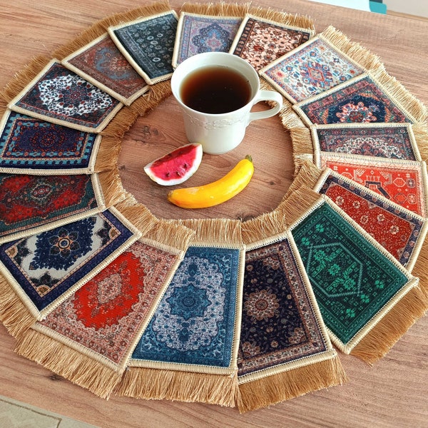 Coaster, Beautiful Turkish Carpet Coasters, Persian Rug Coasters, Mug Rug, Housewarming Gift, Table Decor