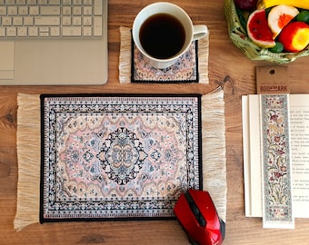 Beautiful Turkish Carpet Mouse Pad and Coaster Set, A Woven Bookmark, Gift for Mom, Gift for Wife, Gift Set