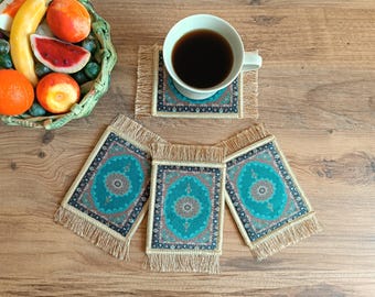 Turquoise Vintage Coaster, Boho Drink Coaster, Oriental Table Decor, Fringed Coffee Cup Mat, Home Gift