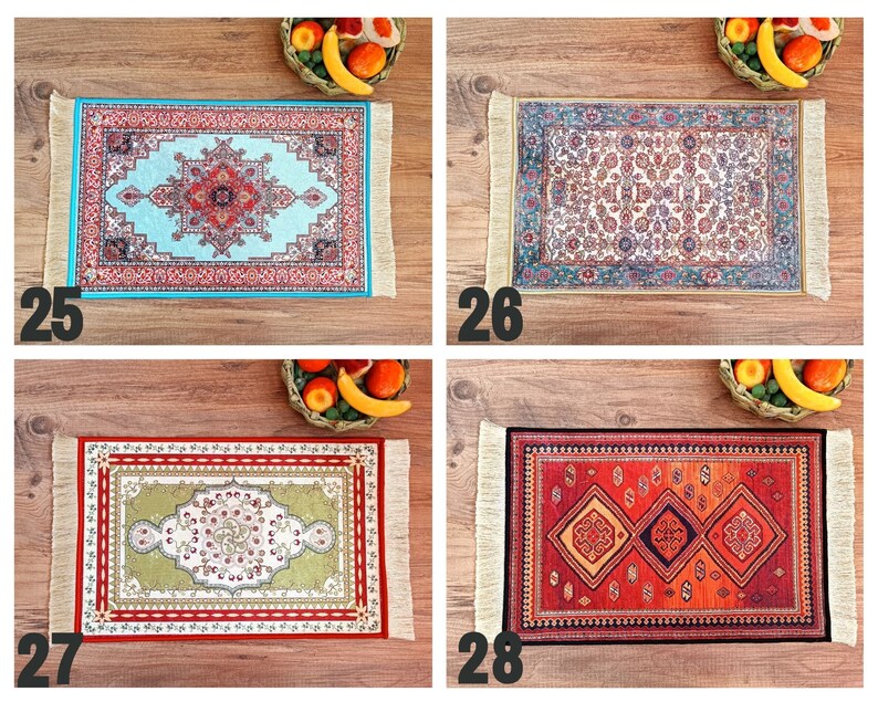 May include: Four different styles of decorative rugs with fringe edges. The rugs are all rectangular and feature intricate patterns in various colors, including red, blue, green, and gold.