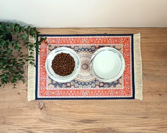 Cat Food Mat With Fringe, Nonslip, Machine Washable, Turkish Rug Cat / Dog Bowl Mat, Carpet Pet Feeding Mat, Puppy Cat Gift