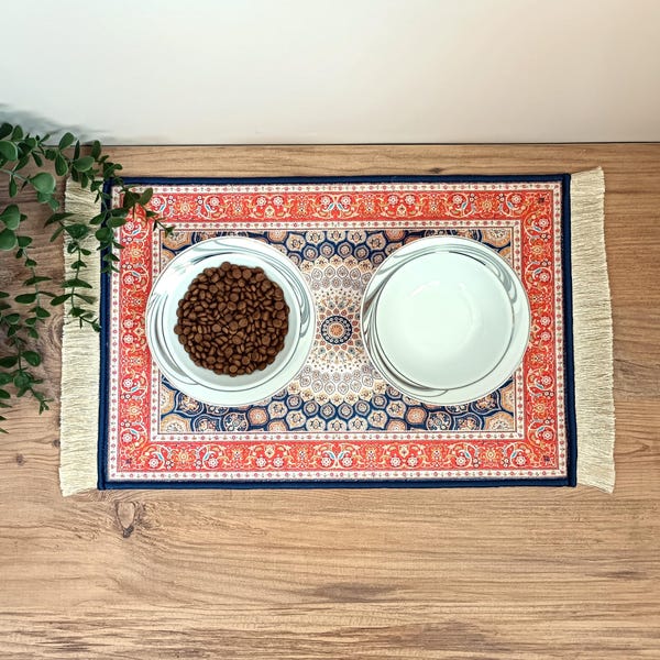 Cat Food Mat With Fringe, Nonslip, Machine Washable, Turkish Rug Cat / Dog Bowl Mat, Persian Carpet Pet Feeding Mat, Puppy Cat Gift