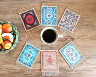 Drink Coasters Set, Set of 6 Turkish Rug Coasters, Carpet Coasters, Mug Rug, Persian Decor, Christmas Gift