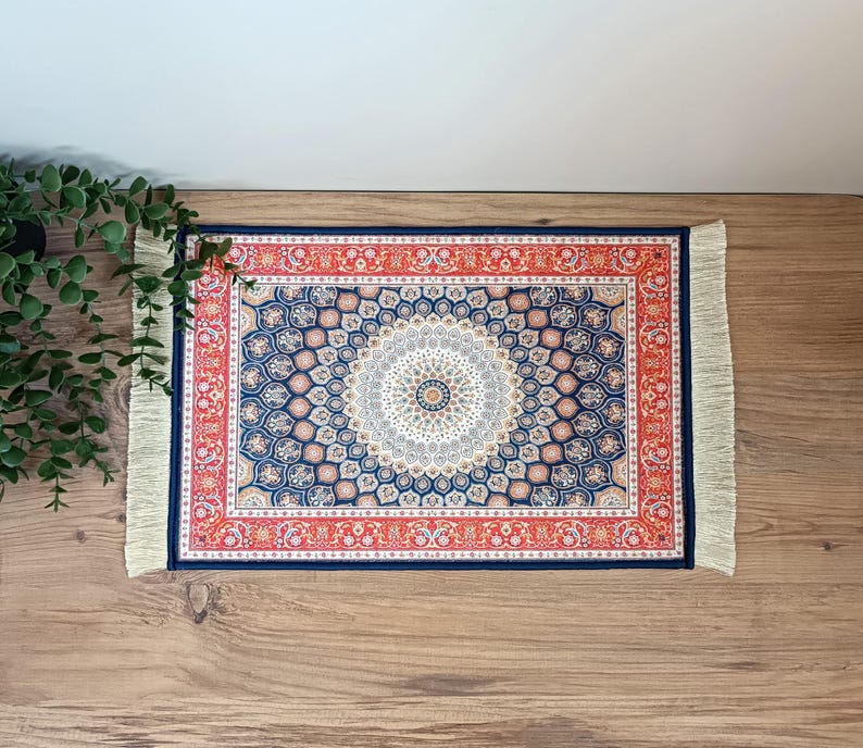 May include: A blue and red patterned rug with a fringed border. The rug features a central medallion design with intricate details.