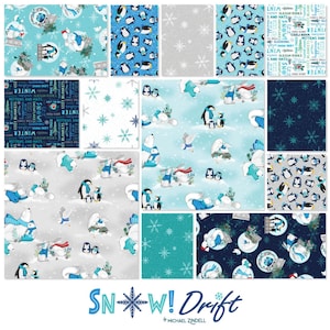 Snow Drift Fat Quarter Bundle, Clothworks Fabric, Winter Fabric Bundle, Penguin Fabric, Snowflake Fabric, Snow Globe Fabric, Holiday Fabric.