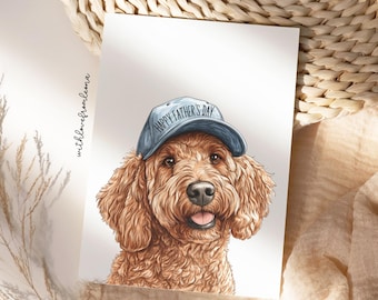 Puede incluir: Un perro doodle marrón y blanco con una gorra de béisbol azul con el texto "Happy Father's Day" en ella.