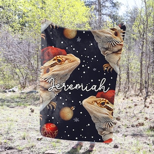 Bearded Dragon Blanket Holiday Throw Blanket Fleece Blanket Adult Kid Blanket Bearded Dragons Gift Him Her Bearded Dragon Custom Name Gift